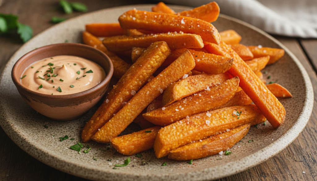 A plate of crispy baked sweet potato fries seasoned with paprika and a hint of garlic powder with a side of creamy dip T