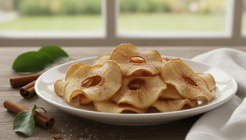 Thinly sliced golden-brown apple chips arranged neatly on a plate with a hint of cinnamon sugar They look perfectly cris