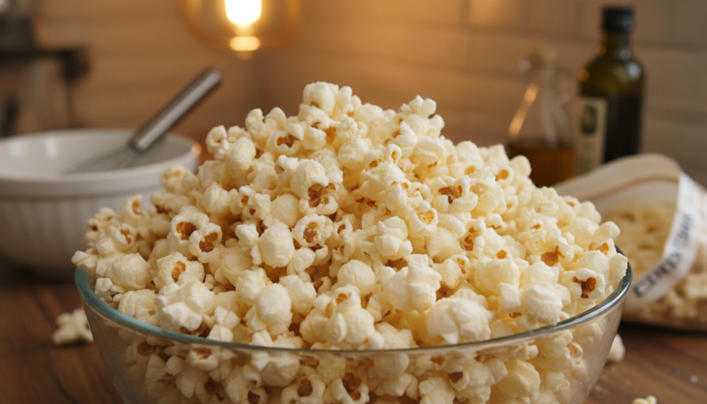 A large bowl of freshly popped fluffy white popcorn lightly seasoned with butter and salt with a few visible kernels The