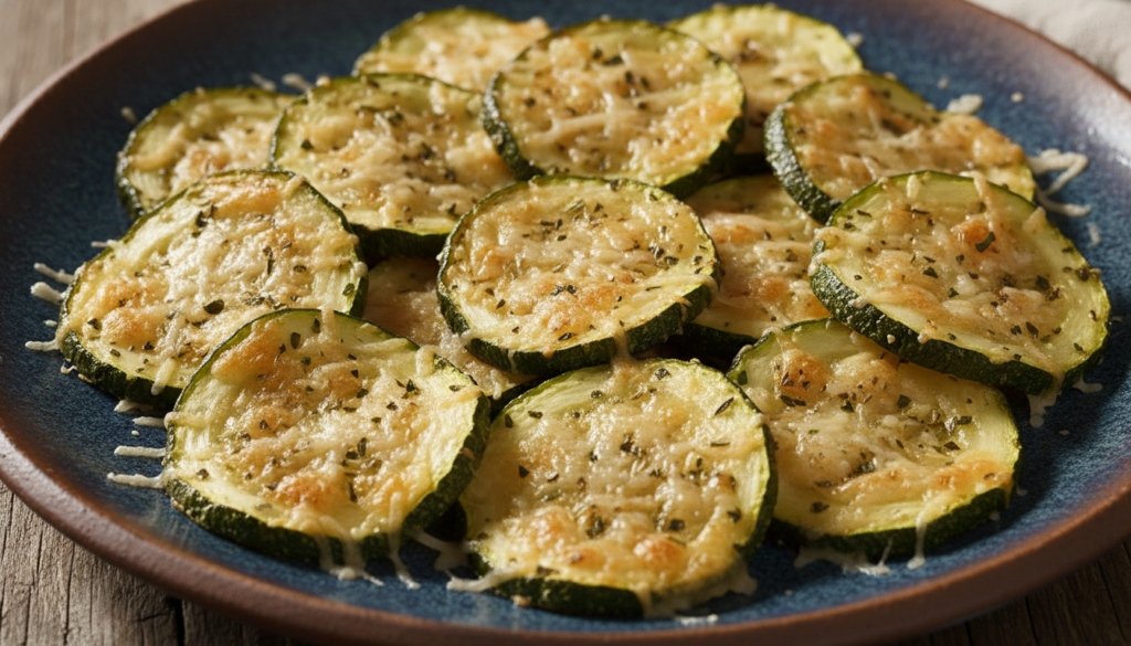 Thin round baked zucchini crisps golden and slightly browned at the edges sprinkled with parmesan cheese and herbs arran