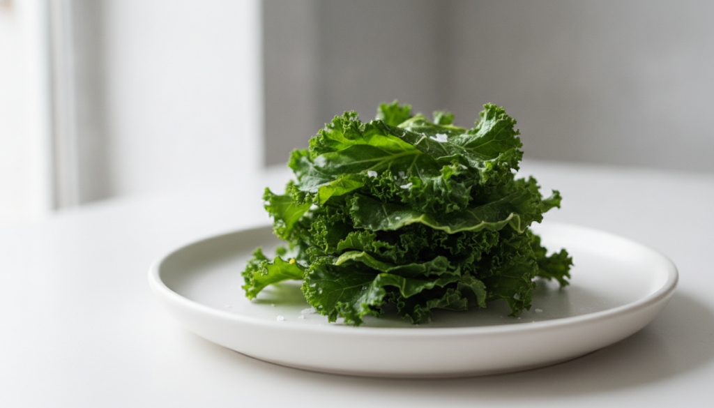 A small pile of vibrant green crispy baked kale chips showing their slightly crinkled texture and light seasoning They a
