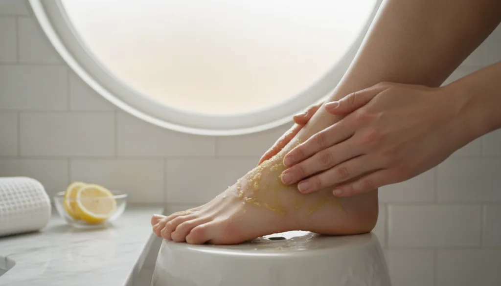 A person gently massaging the homemade lemon scrub onto their heel focusing on the rough skin