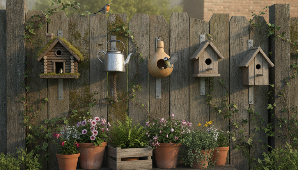 Various types of birdhouses securely mounted on a weathered wooden fence interspersed with climbing plants and container