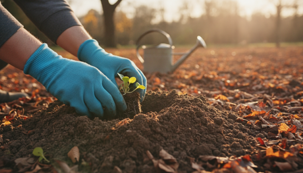 Hands planting small vegetable seedlings into prepared garden soil