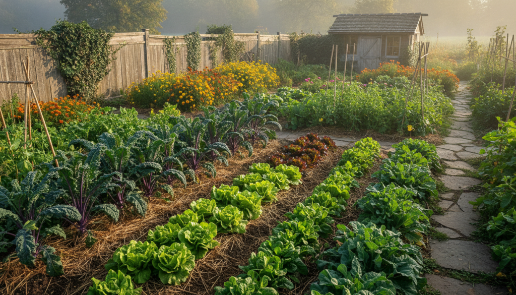 A beautiful autumn vegetable garden scene with cool-season crops thriving
