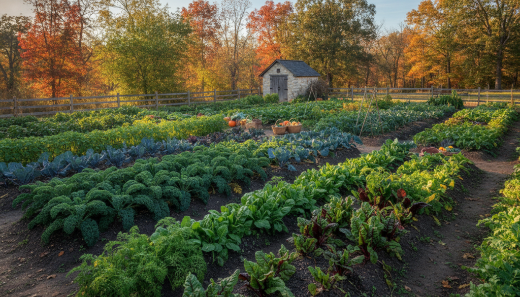 A vibrant thriving fall vegetable garden with rows of leafy greens root crops and other cool-season vegetables under a s