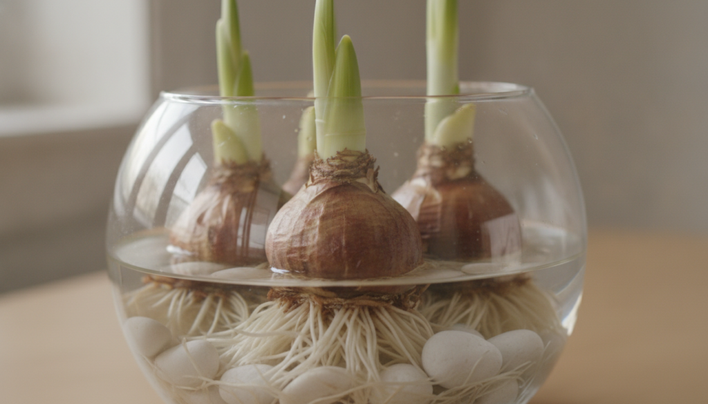 Close-up of Paperwhite bulbs with emerging roots in a clear glass bowl filled with decorative white pebbles and water