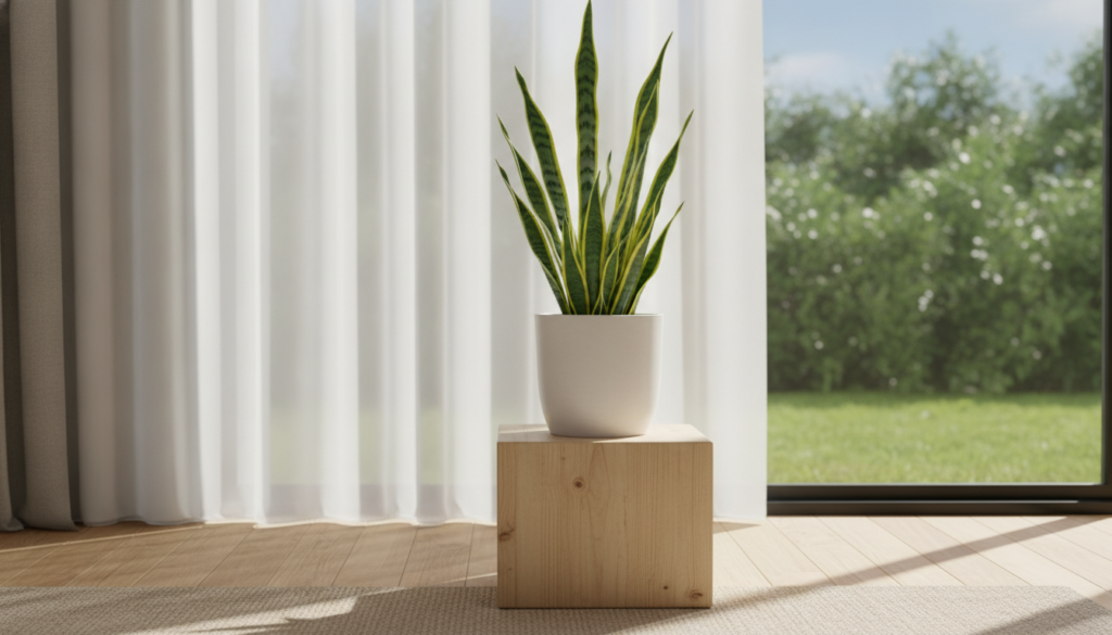 A healthy thriving snake plant in a simple pot positioned in a bright indoor setting showcasing its upright vibrant gree