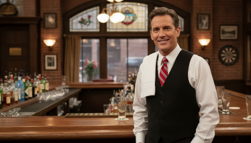 Ted Danson as Sam Malone behind the bar in Cheers wearing a bartender s uniform smiling