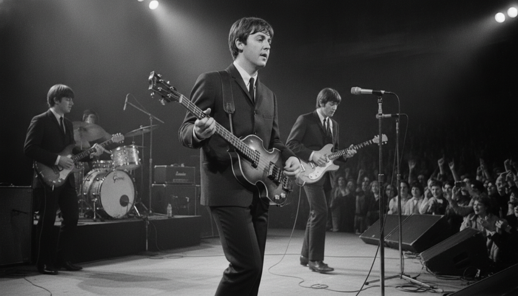 A real archival photo of Paul McCartney playing his Hofner bass guitar on stage during a Beatles performance in the 1960