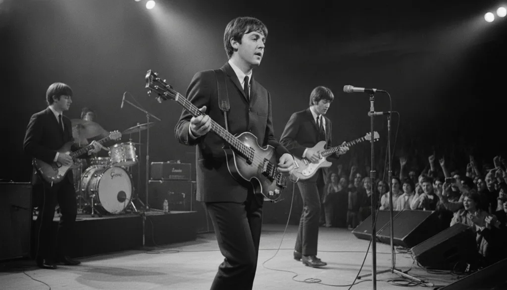 A real archival photo of Paul McCartney playing his Hofner bass guitar on stage during a Beatles performance in the 1960