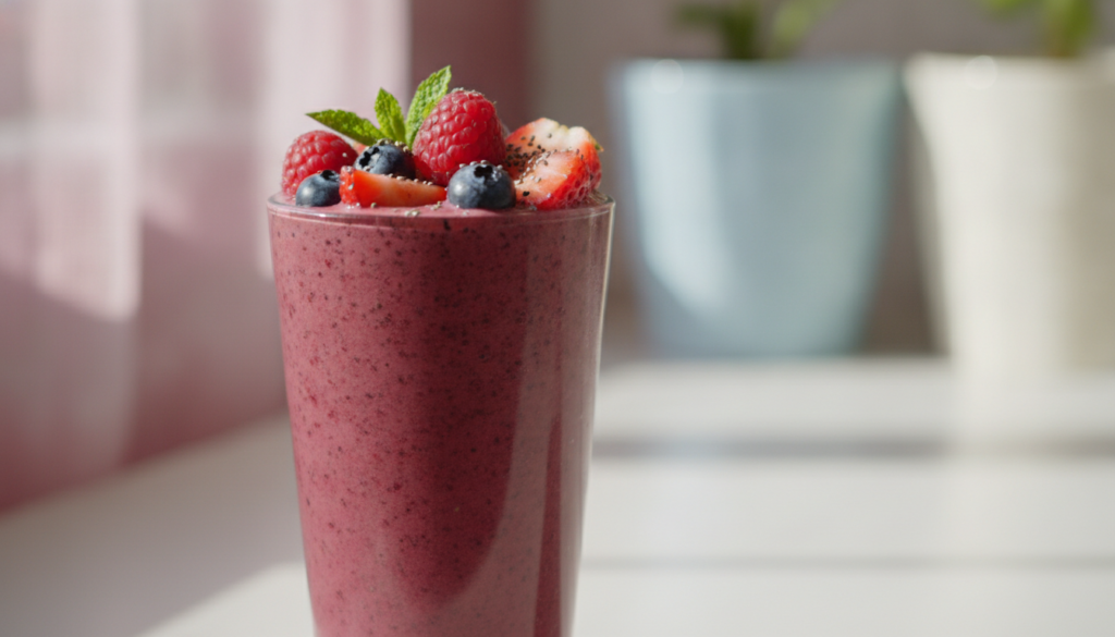 A close-up of a homemade protein smoothie in a tall glass garnished with berries against a soft bright background