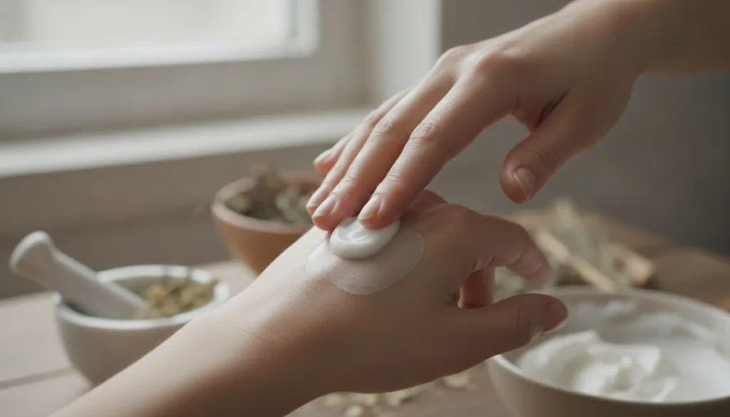 A close-up of a person gently massaging the cream onto their hand showing the smooth texture and moisturizing effect on 