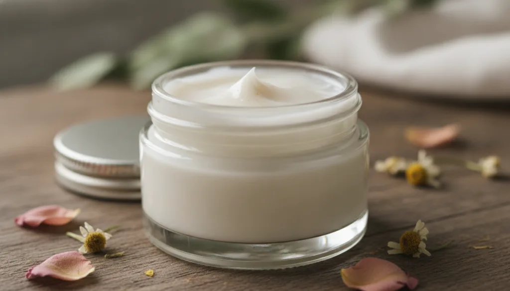 Close-up of a small glass jar containing the freshly made DIY youthful glow cream with its smooth balm-like texture