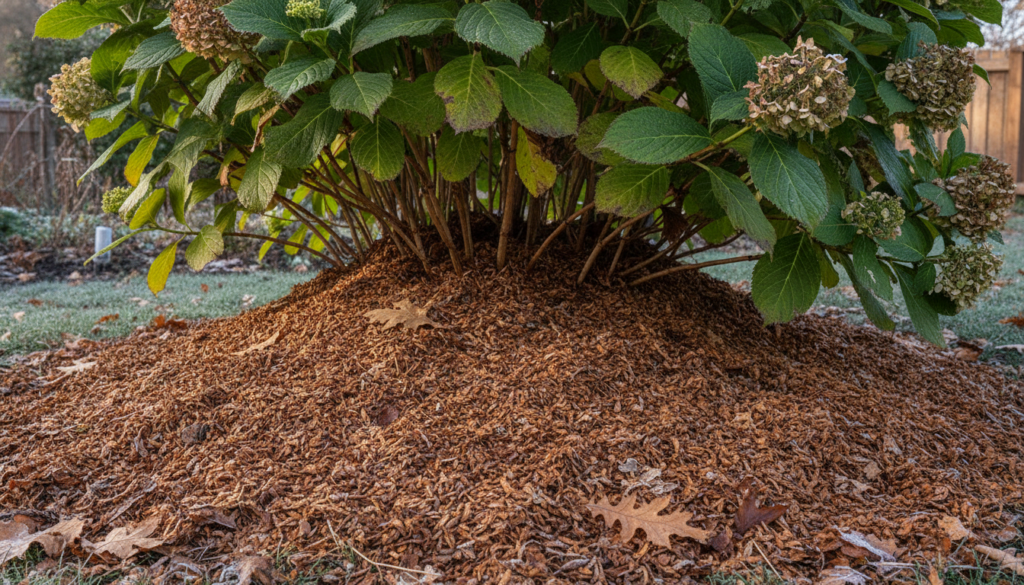 A close-up of the base of a hydrangea bush with a thick layer of organic mulch like shredded leaves or wood chips around
