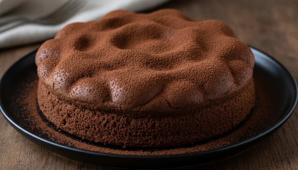 A rich dark Chocolate Japanese Cotton Cake fluffy and elegant dusted with cocoa powder on a dark serving plate