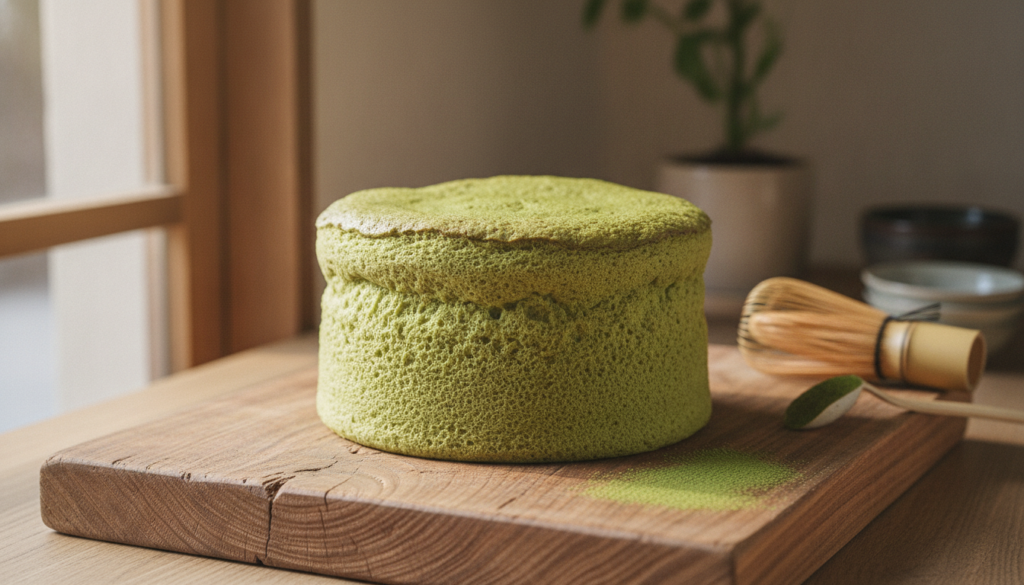 A vibrant green Matcha Japanese Cotton Cake beautifully baked with a soft delicate texture on a wooden board with a spri