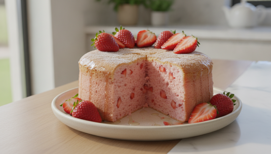 A delicate pink Strawberry Japanese Cotton Cake topped with fresh strawberries and a light glaze on a ceramic plate