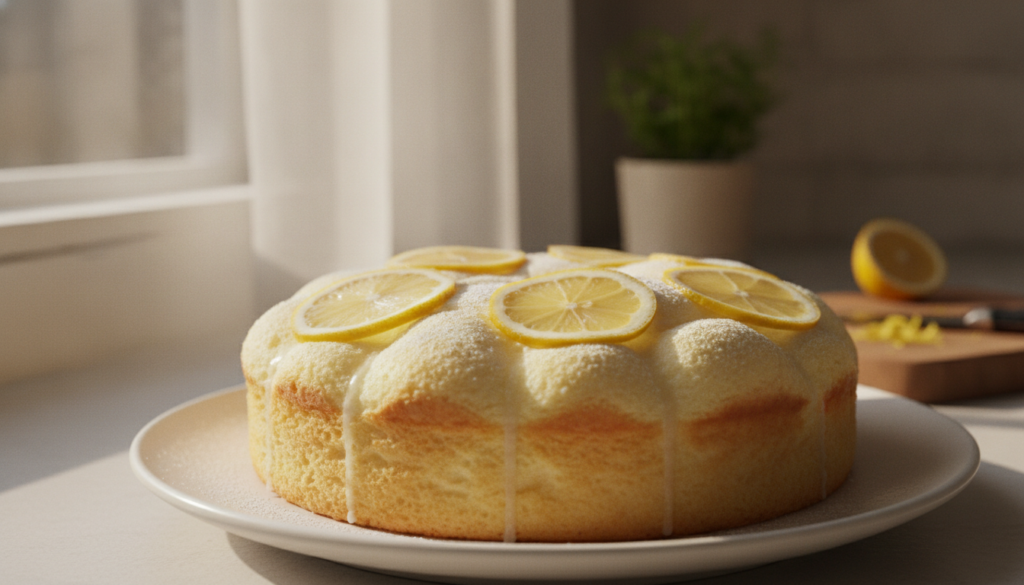 A bright pale yellow Lemon Japanese Cotton Cake fluffy and delicate garnished with thin lemon slices and a light dusting