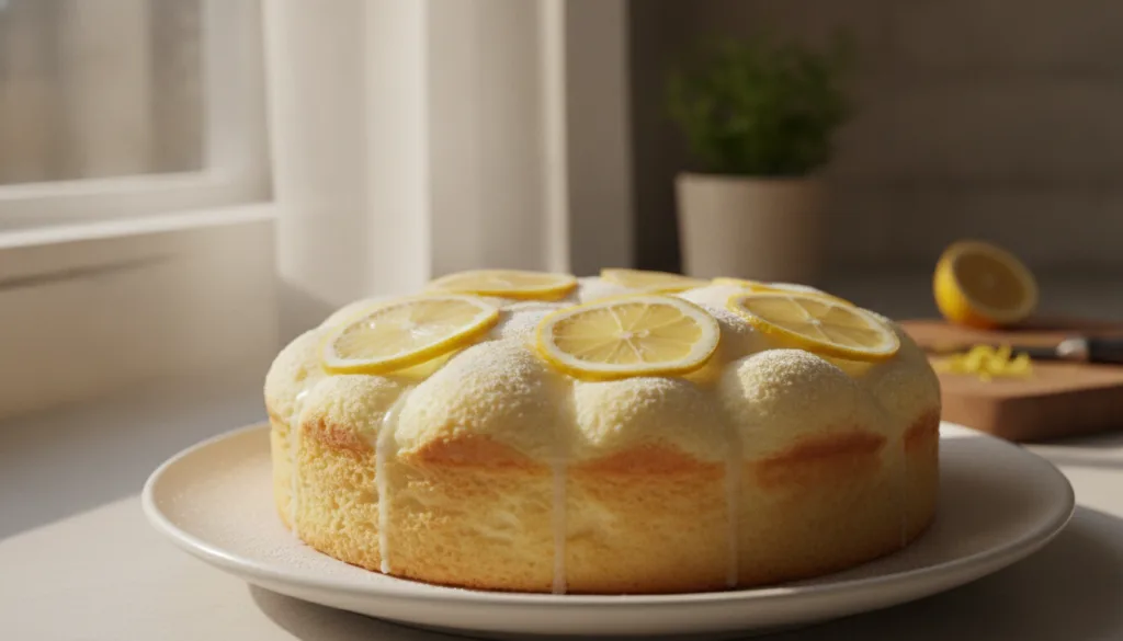 A bright pale yellow Lemon Japanese Cotton Cake fluffy and delicate garnished with thin lemon slices and a light dusting