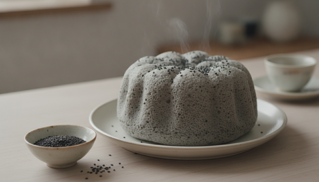 A sophisticated greyish Black Sesame Japanese Cotton Cake with a subtle nutty aroma garnished with a sprinkle of black s