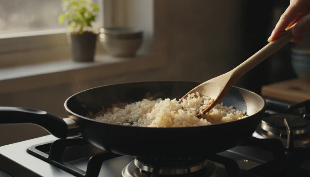 A close-up shot of white rice toasting gently in a non-stick pan on a stovetop with a wooden spoon stirring the grains S
