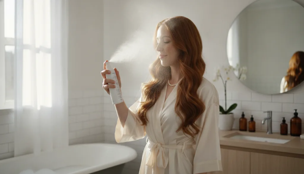 A woman with beautiful flowing hair is gently misting her hair with a spray bottle containing a milky liquid smiling sof