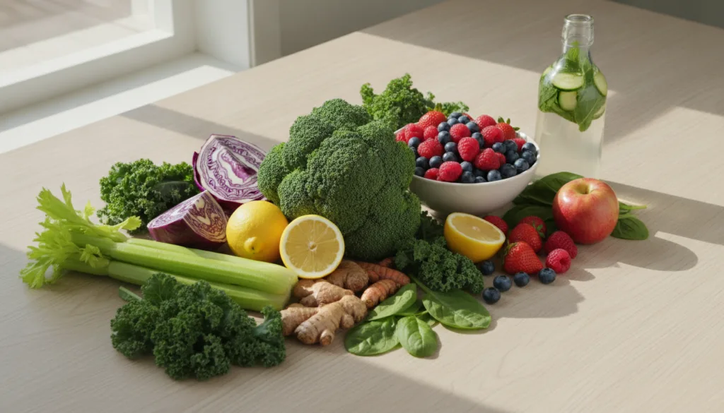 A collection of fresh colorful vegetables and fruits known for their detox-supporting properties arranged beautifully on