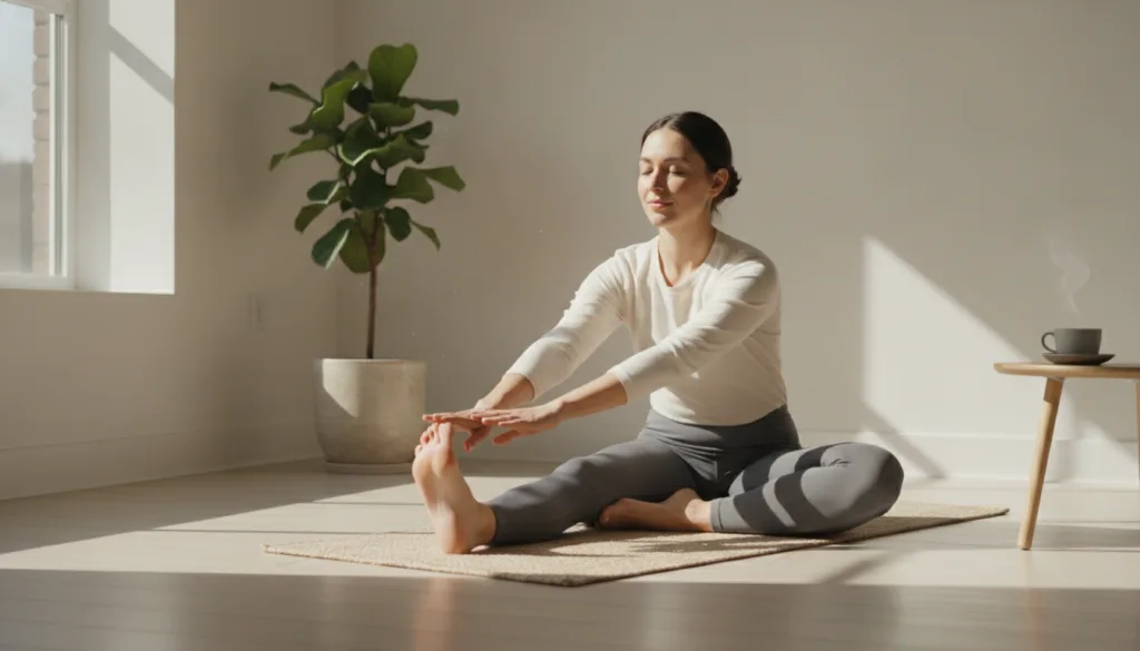 A person stretching gently or practicing light yoga in a bright airy space conveying comfort and flexibility perhaps wit