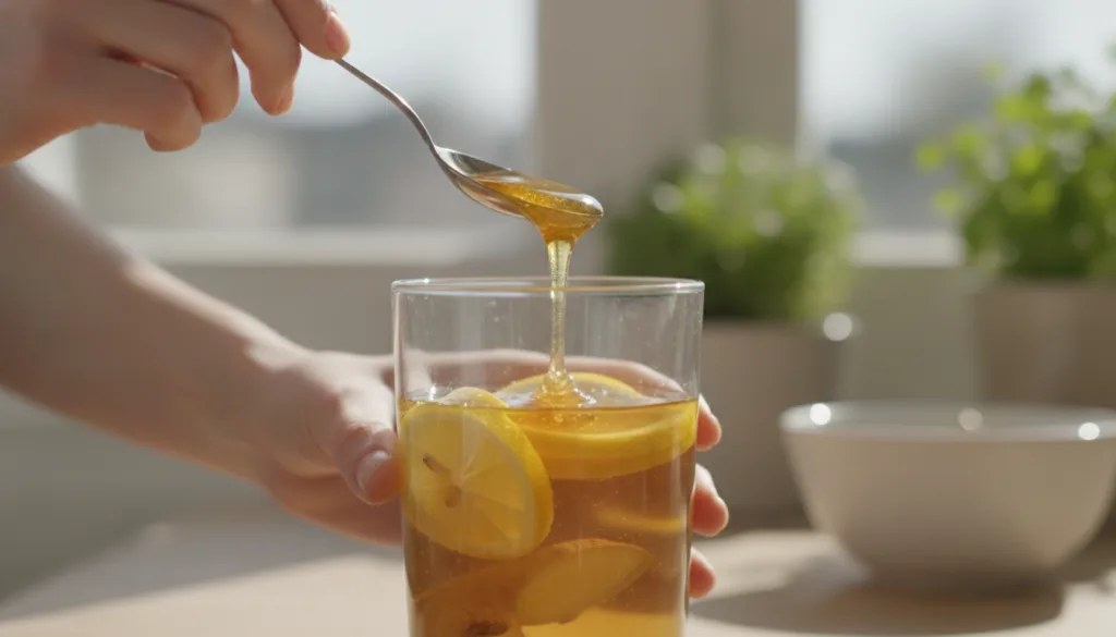 Hands stirring honey into a glass of warm lemon water with ginger slices