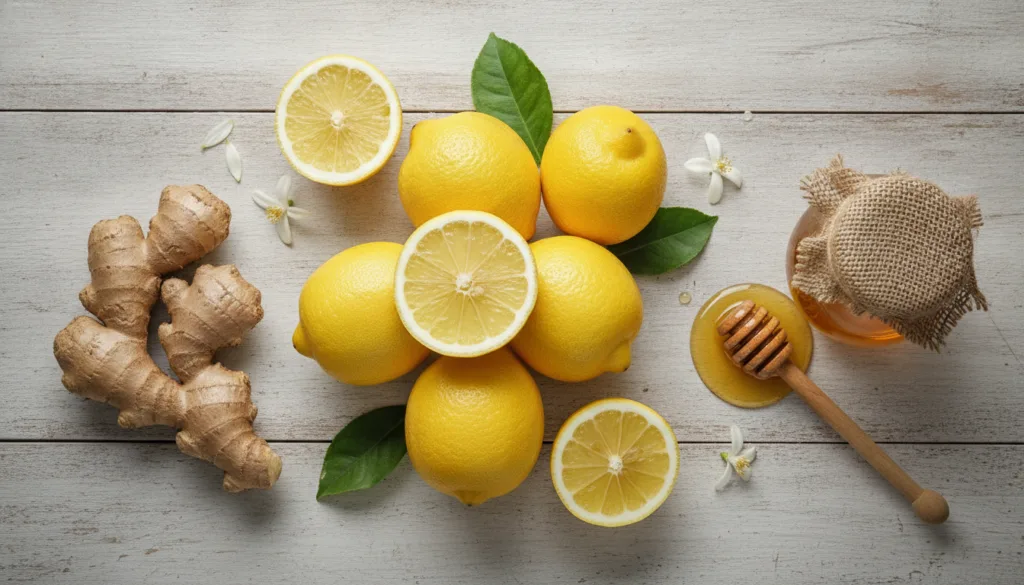 Overhead view of various natural ingredients fresh lemons a jar of honey and ginger root on a wooden table
