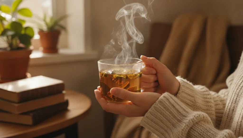 A person s hands holding a clear glass mug of warm amber-colored guava leaf tea with steam gently rising in a cozy well-