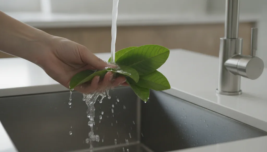 A close-up of a hand carefully rinsing fresh green guava leaves under running water in a kitchen sink