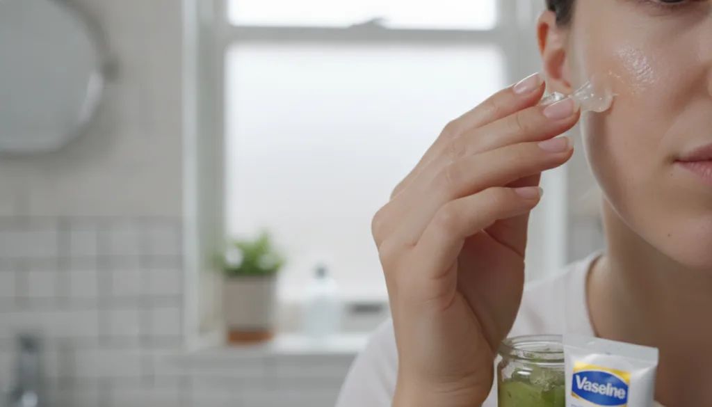 A hand applying a DIY aloe vera and Vaseline mixture to a dry patch of skin on the face or arm