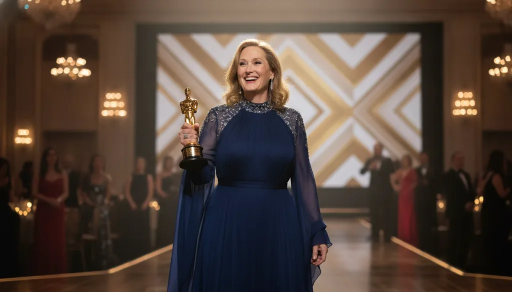 Meryl Streep accepting an award on stage smiling warmly with a classic Hollywood backdrop