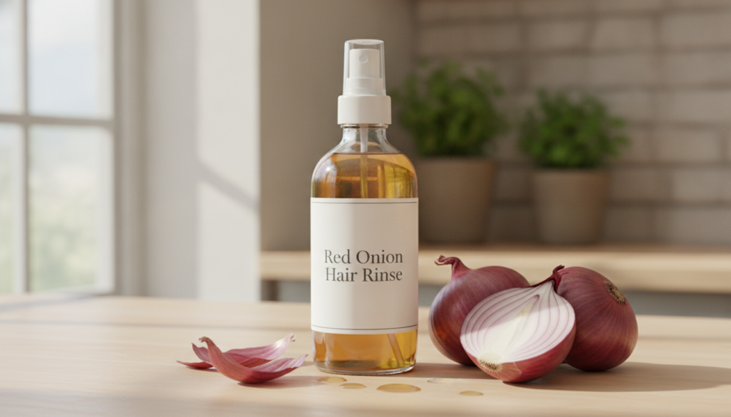 A clear spray bottle filled with a golden-tinted liquid labeled Red Onion Hair Rinse placed next to a few fresh red onio