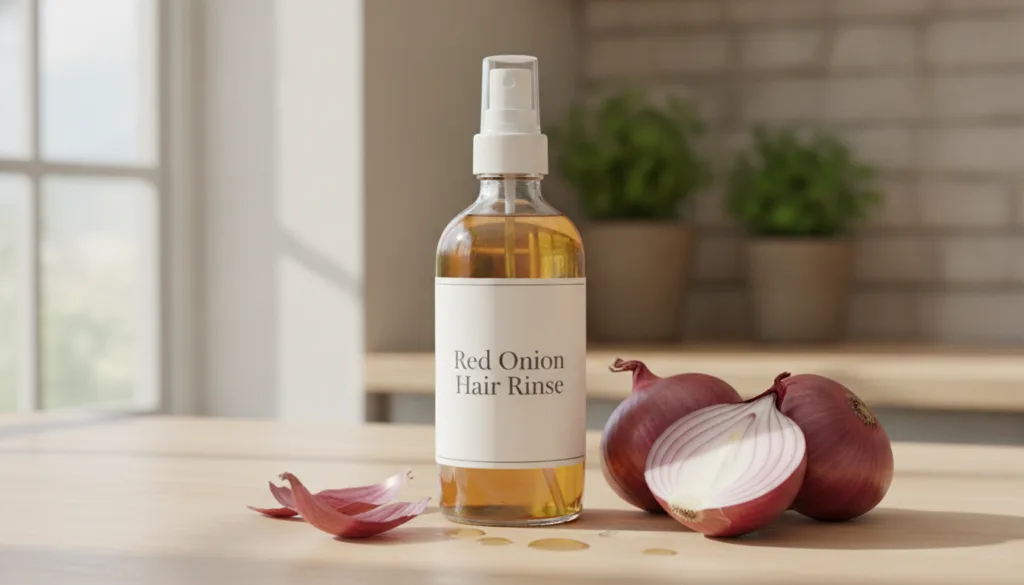 A clear spray bottle filled with a golden-tinted liquid labeled Red Onion Hair Rinse placed next to a few fresh red onio