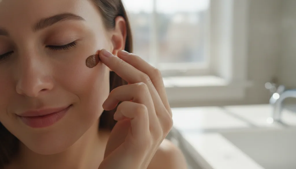 A woman gently applying the coffee and Vaseline cream to her cheek demonstrating the soft circular motion with a natural