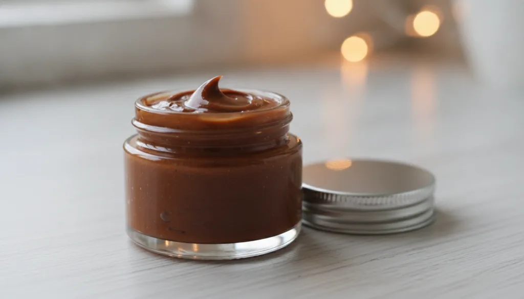 A small clear glass jar filled with the freshly made coffee and Vaseline cream showing its smooth dark and creamy textur
