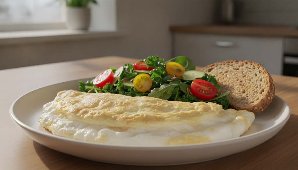A close-up shot of a healthy breakfast plate featuring an omelet made with egg whites alongside a vibrant salad and whol