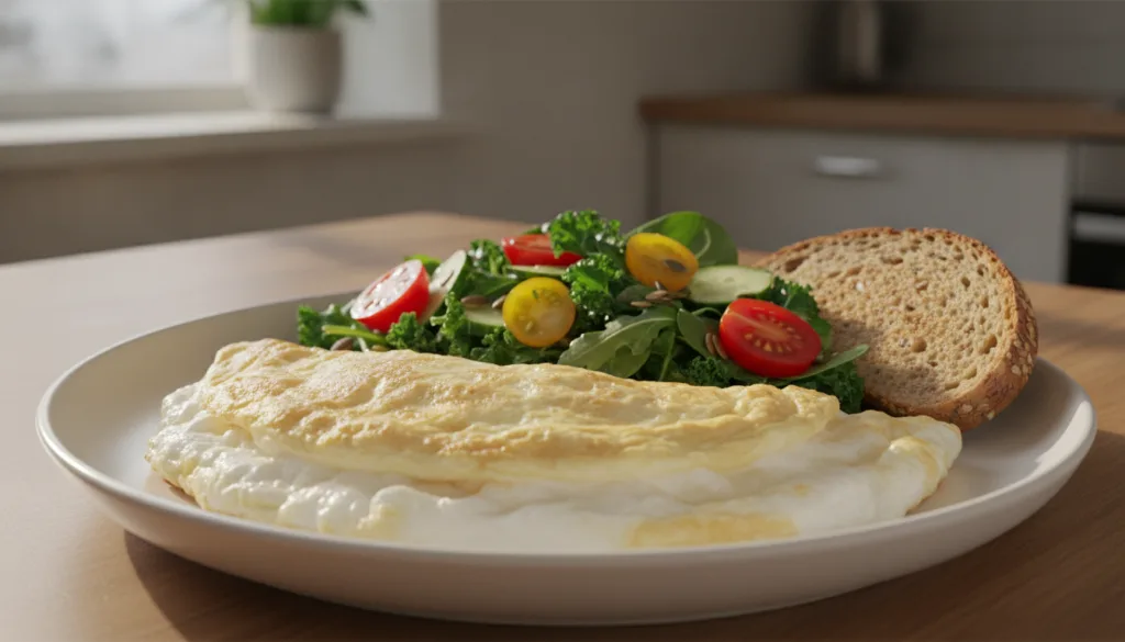 A close-up shot of a healthy breakfast plate featuring an omelet made with egg whites alongside a vibrant salad and whol