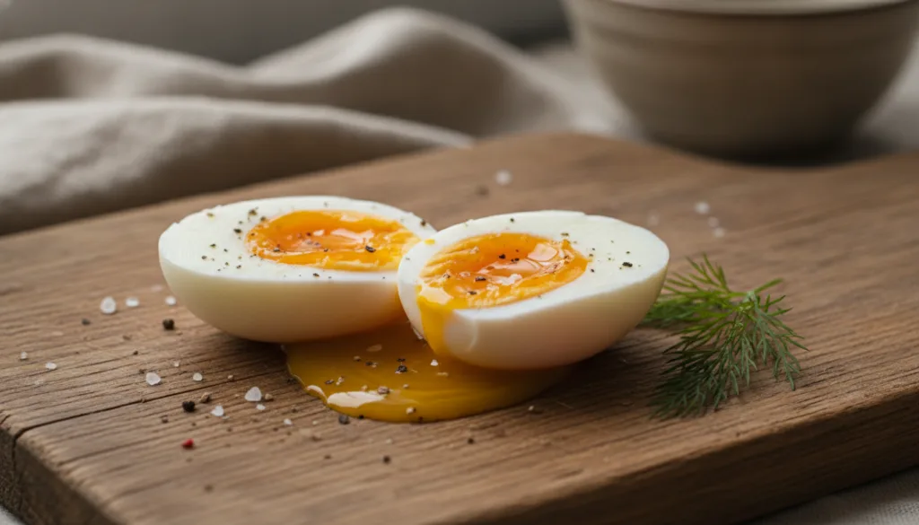Close-up of a perfectly soft-boiled egg halved with a bright runny yolk spilling slightly