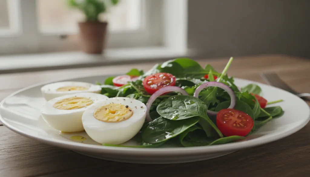 Plate with two perfectly hard-boiled eggs peeled and sliced next to a fresh salad