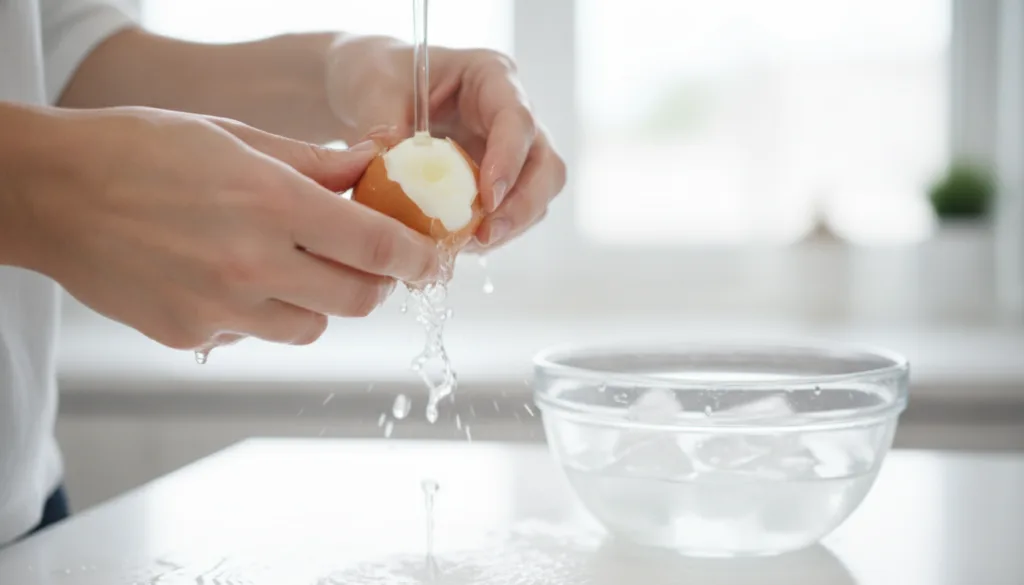 A close-up shot of hands peeling a perfectly boiled egg under running water over a bowl of ice demonstrating the ease of