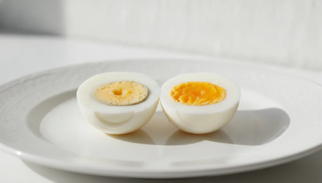 A close-up of a hard-boiled egg cut in half showing a slightly green ring around the yolk indicating overcooking with a 