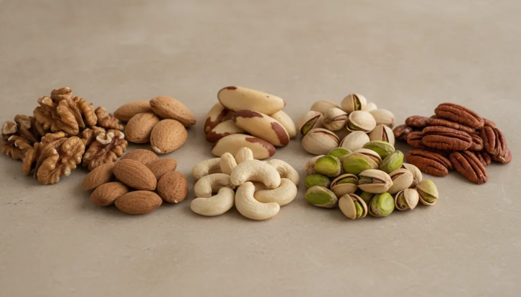 A close-up shot of a variety of healthy nuts including walnuts almonds and pistachios artfully arranged in small piles o