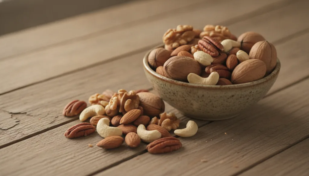 A vibrant mix of various nuts such as almonds walnuts pecans and cashews spilling out of a small bowl onto a rustic wood
