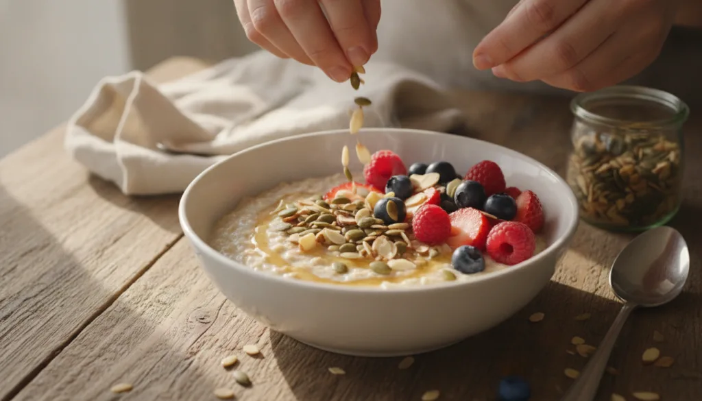 A person s hands sprinkling pumpkin seeds and almonds over a bowl of oatmeal with berries