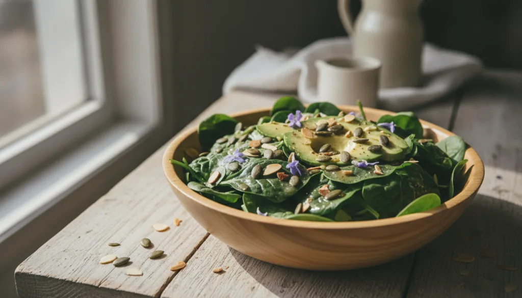 A vibrant salad bowl featuring dark leafy greens like spinach topped with pumpkin seeds almonds and sliced avocado