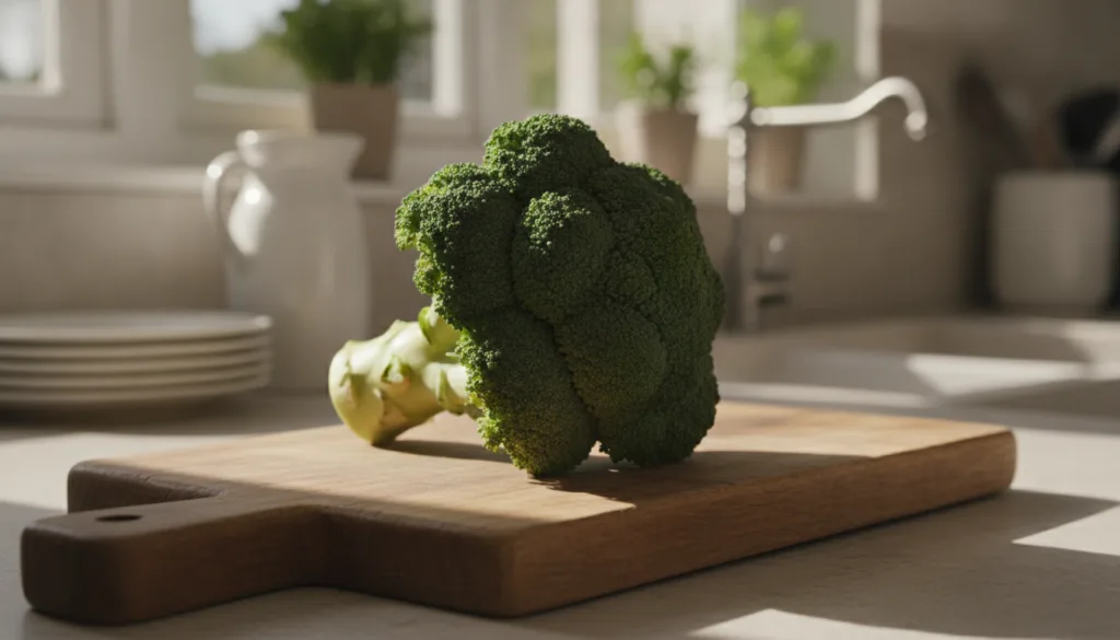 A vibrant fresh head of broccoli on a wooden cutting board in a kitchen setting